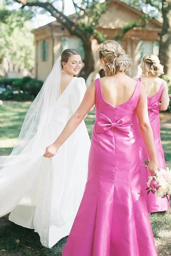 Pink Mermaid Spaghetti Strap Square Neck Bridesmaid Dresses With Bow