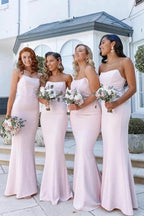 Pink Mermaid Strapless Long Bridesmaid Dresses, Wedding Party Dress