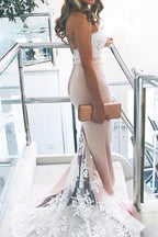 Pink Mermaid Sweep Train Long Bridesmaid Dresses With White Lace