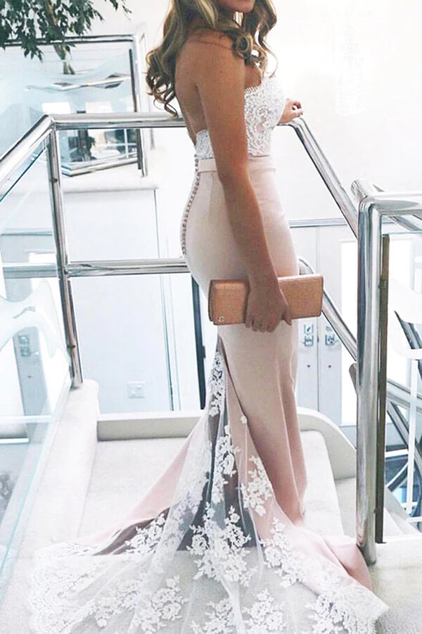 Pink Mermaid Sweep Train Long Bridesmaid Dresses With White Lace