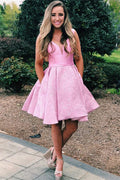 Pink Satin A-line V-neck Homecoming Dress With Pocket, Graduation Dress