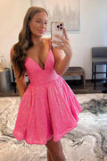 Pink Sequin A-line V-neck Spaghetti Straps Short Homecoming Dresses
