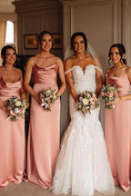 Pink Silk Satin Floor Length Bridesmaid Dresses, Wedding Party Dresses