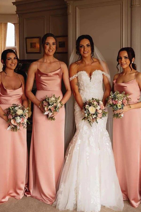Pink Silk Satin Floor Length Bridesmaid Dresses, Wedding Party Dresses