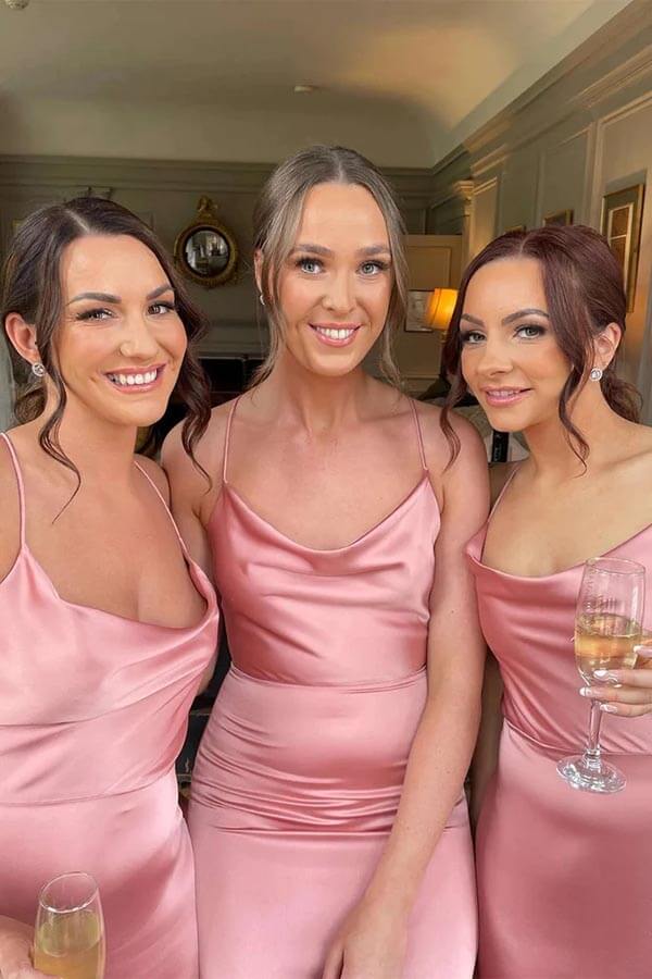 Pink Silk Satin Floor Length Bridesmaid Dresses, Wedding Party Dresses