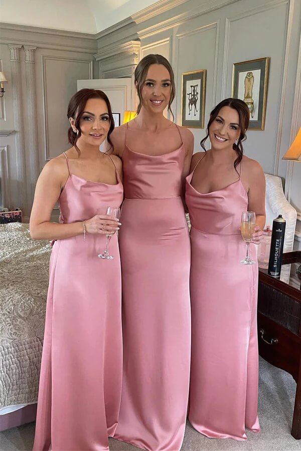 Pink Silk Satin Floor Length Bridesmaid Dresses, Wedding Party Dresses