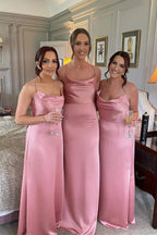 Pink Silk Satin Floor Length Bridesmaid Dresses, Wedding Party Dresses