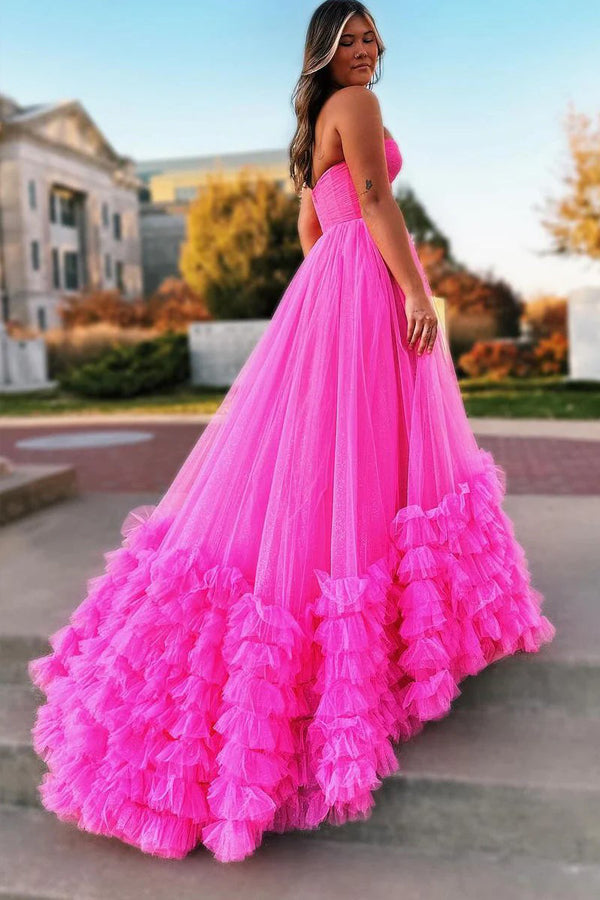 Pink Sweetheart Tulle Long Prom Dresses Princess Dresses