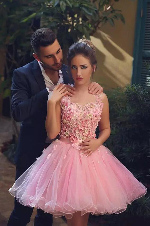 Pink Tulle Hand-Made Flowers Short Prom Dresses, Homecoming Dress