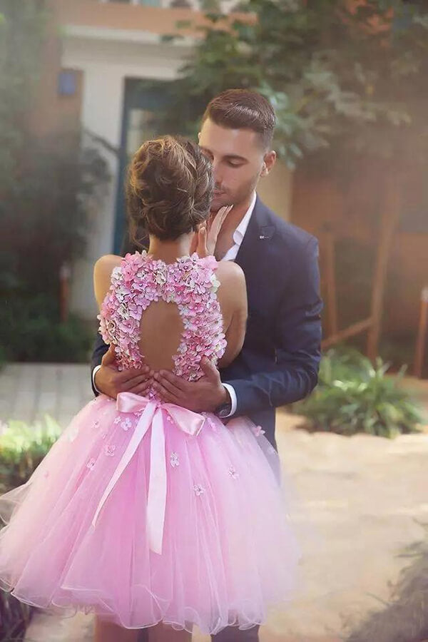 Pink Tulle Hand-Made Flowers Short Prom Dresses, Homecoming Dress