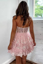 Pink Tulle One Shoulder Lace Appliques Short Homecoming Dresses