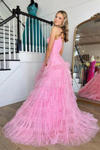 Pink V-Neck Empire Waist Tiered Long Prom Dress with Ruffles