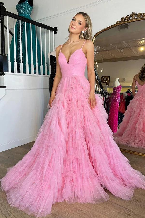 Pink V-Neck Empire Waist Tiered Long Prom Dress with Ruffles