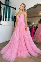 Pink V-Neck Empire Waist Tiered Long Prom Dress with Ruffles