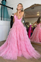 Pink V-Neck Empire Waist Tiered Long Prom Dress with Ruffles
