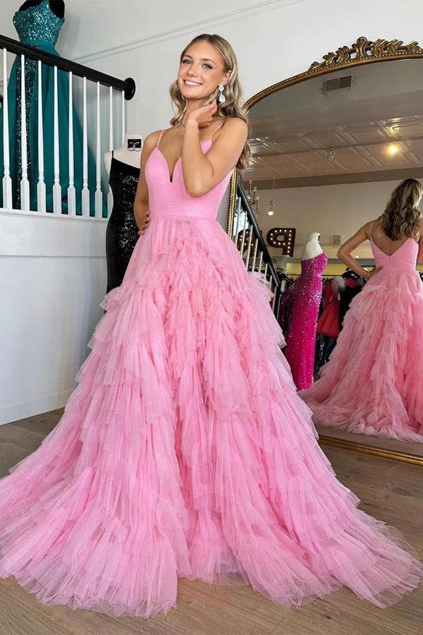 Pink V-Neck Empire Waist Tiered Long Prom Dress with Ruffles