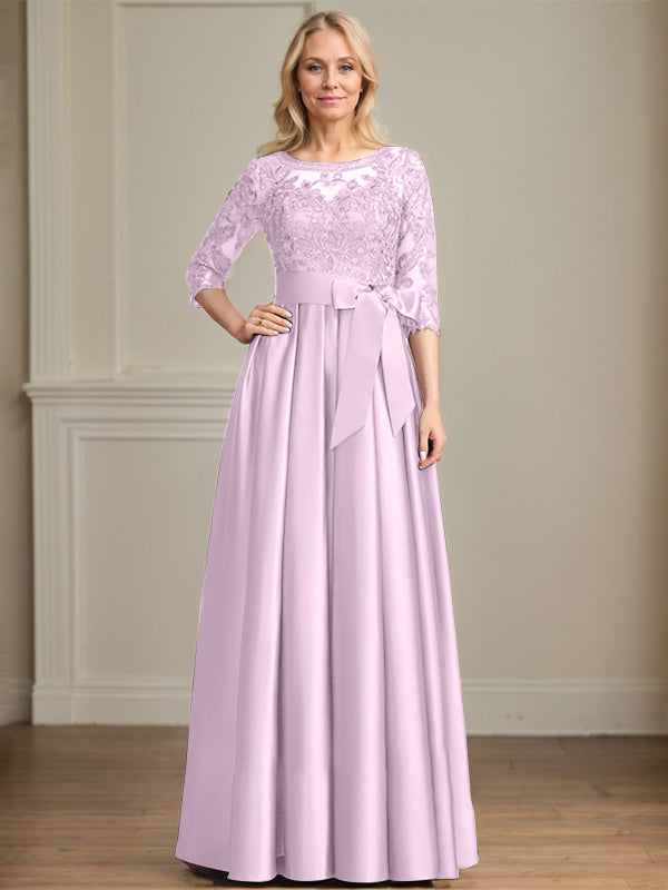 A-line Scoop Illusion Floor-Length Satin Lace Mother of the Bride Dress With Sequins Bow