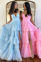 A-Line Spaghetti Straps Long Tiered Tulle Prom Dress With Split