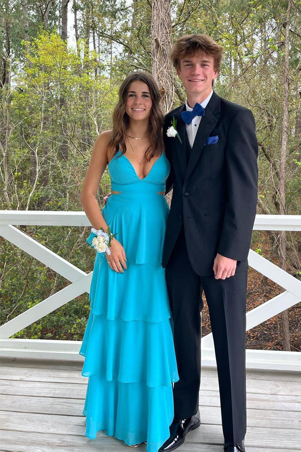 Pretty Cutouts Tiered Chiffon Blue Prom Dress Party Dress