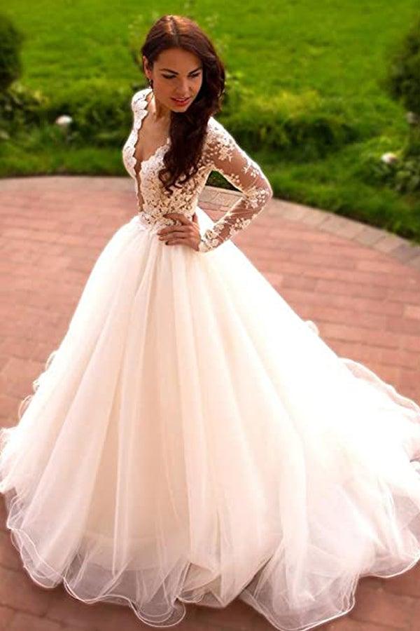 Princess A-Line V-Neck Tulle Ivory Long Sleeves Wedding Dresses
