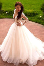 Princess A-Line V-Neck Tulle Ivory Long Sleeves Wedding Dresses