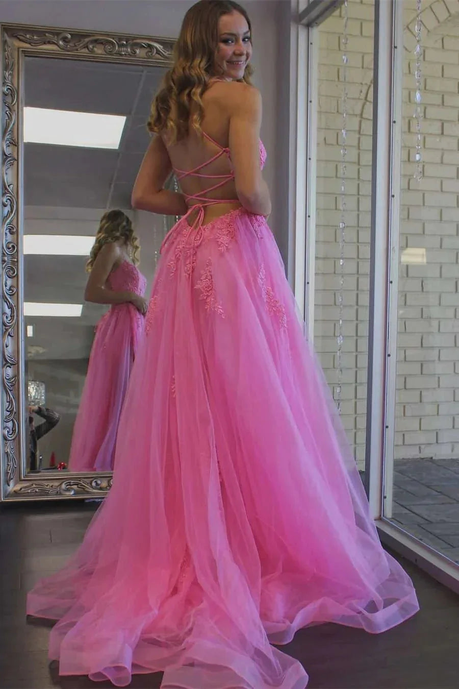 Yellow Prom Dress Appliqued With Slit SYP97