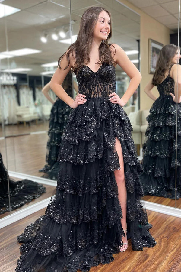 Princess Lace Tiered Stunning Blue Prom Dress With Lace Ruffles