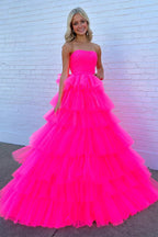 Princess Strapless Tiered Tulle Hot Pink Long Prom Dress