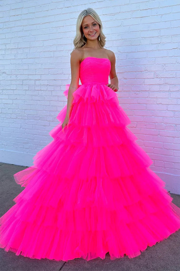 Princess Strapless Tiered Tulle Hot Pink Long Prom Dress