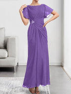 A-line Scoop Illusion Tea-Length Chiffon Lace Mother of the Bride Dress With Beading Sequins