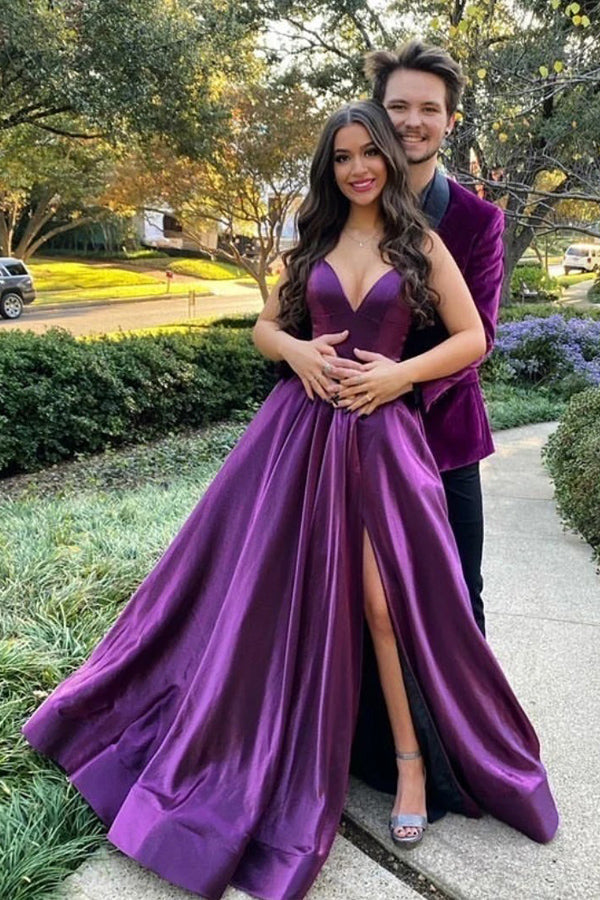 Purple Satin A-line Backless Long Prom Dress With Slit