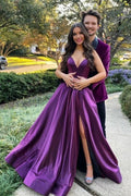 Purple Satin A-line Backless Long Prom Dress With Slit