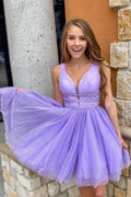 Purple Tulle A-line Short Homecoming Dresses With Belt, Graduation Dress