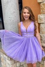Purple Tulle A-line Short Homecoming Dresses With Belt, Graduation Dress