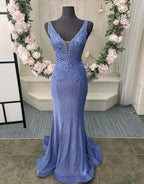 V-Neck Corset Back Long Prom Dress With Appliques