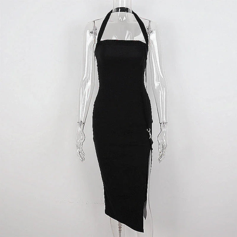 Women's Black Halter Prom Dress With Slit Sexy Black Sleeveless Evening Dress Y1161