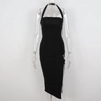 Women's Black Halter Prom Dress With Slit Sexy Black Sleeveless Evening Dress Y1161