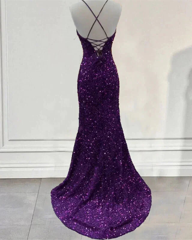 Dark Purple Prom Dress Sequin Mermaid Formal Evening Dress Split Y7212