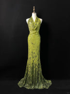 Gorgeous Green Halter Sequins Backless Prom Dress Long Mermaid Evening Dress Y8647