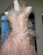 Fairy Pink Tulle Beaded Prom Dress Long Backless Evening Dress Y8564