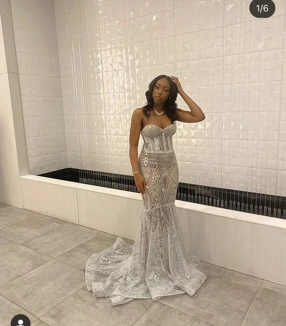 Luxurious Silver Mermaid Evening Dress Silver Prom Dress Y6649
