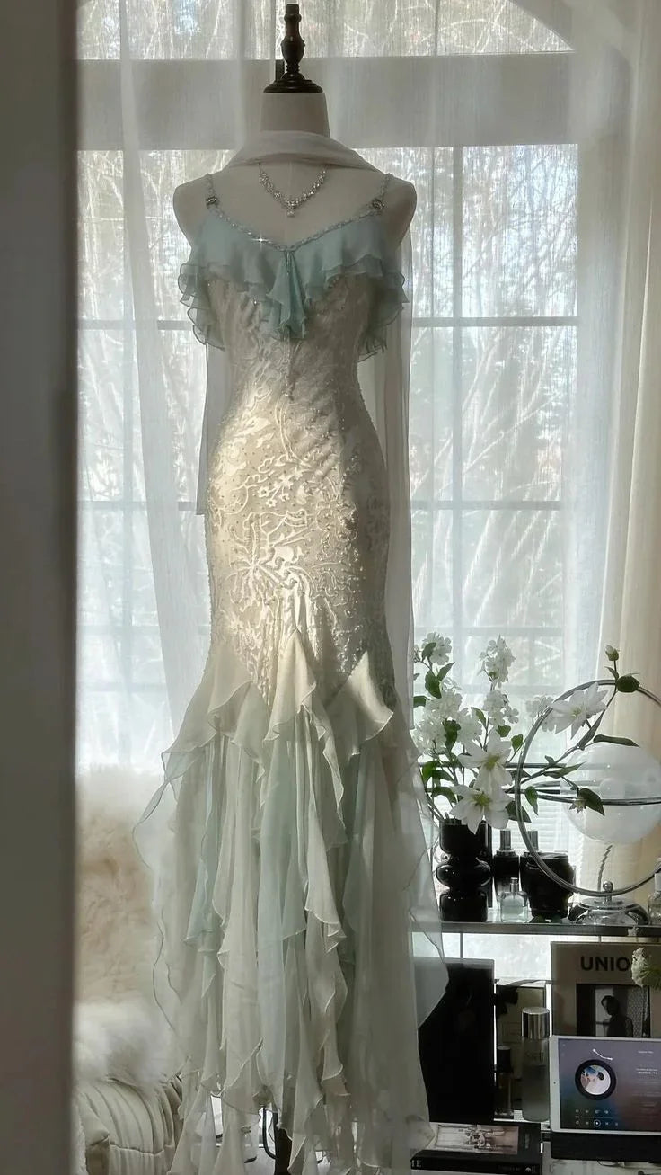 Classy Mint Green Temperament Mermaid Spaghetti Strap Chiffon Beaded Evening Dress Formal Prom Dress Y8546
