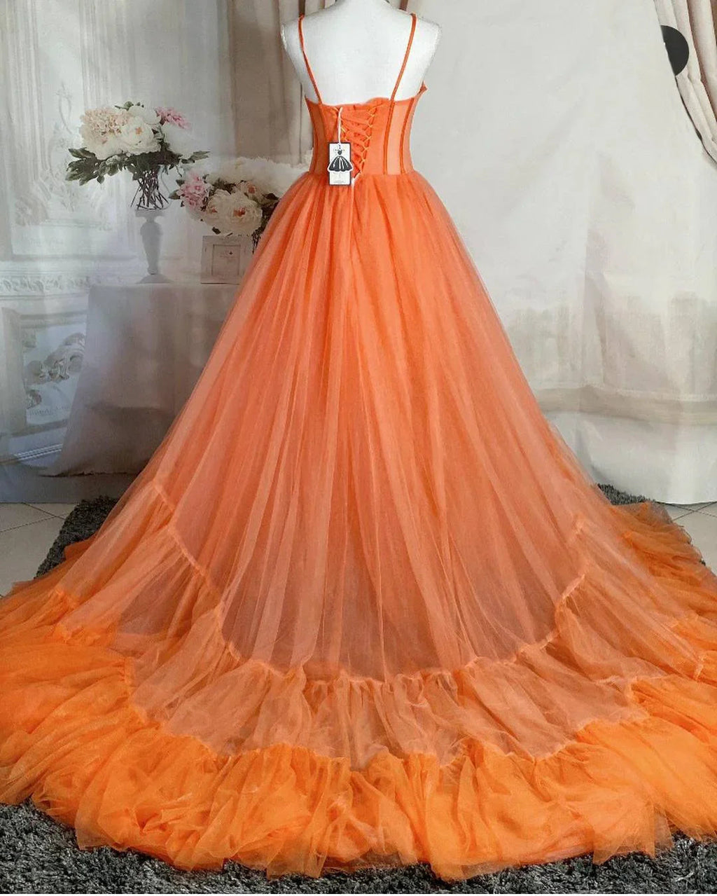 Spaghetti Straps Orange Tulle Evening Dress,Sexy Prom Gown Y1243