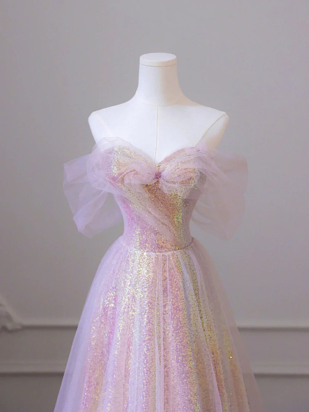 Shiny Tulle Sequins Long Prom Dress, A-Line Off the Shoulder Evening Dress Y1416