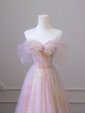 Shiny Tulle Sequins Long Prom Dress, A-Line Off the Shoulder Evening Dress Y1416
