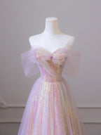Shiny Tulle Sequins Long Prom Dress, A-Line Off the Shoulder Evening Dress Y1416