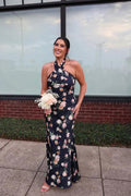 Pretty Halter Navy Blue Satin Print Long Prom Dress Evening Dress Y8453