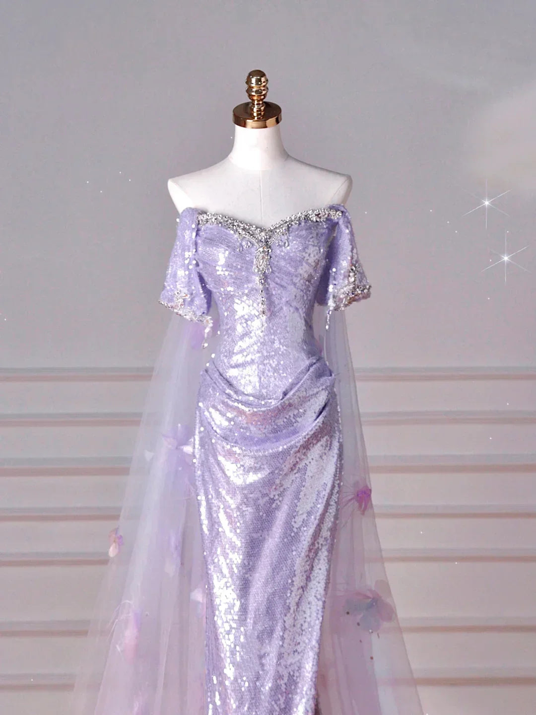 Glitter Lilac Sequin Tulle Beaded Mermaid Slit Evening Dress Off The Shoulder Tulle Appliques Prom Dress Y8632
