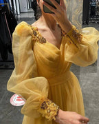 Puff Sleeves V Neck Tulle Slit Evening Dress Y5793