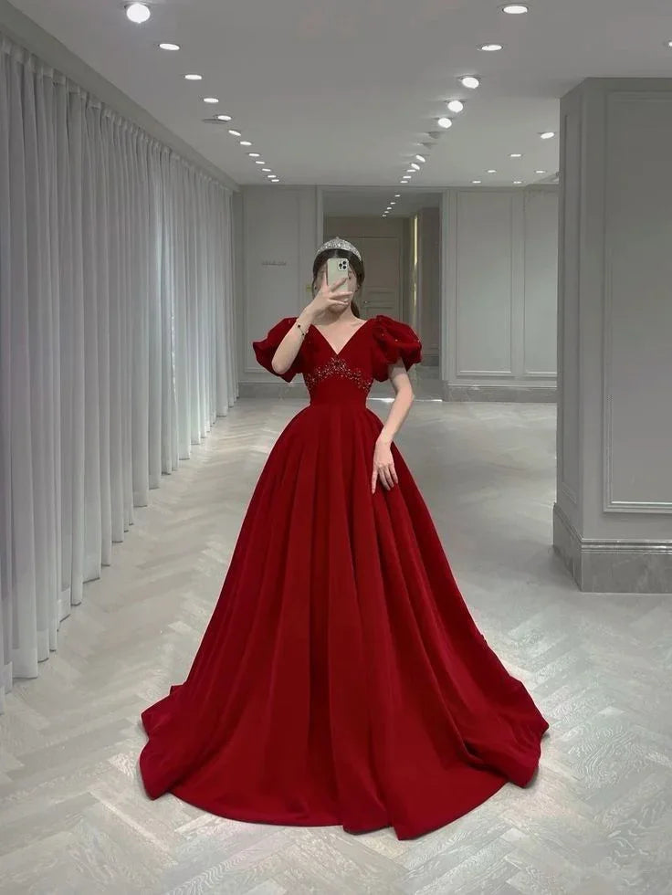 V-neck Evening Dress Charming Prom dress Velvet Party Dress Bubble Sleeve Dress Y4573